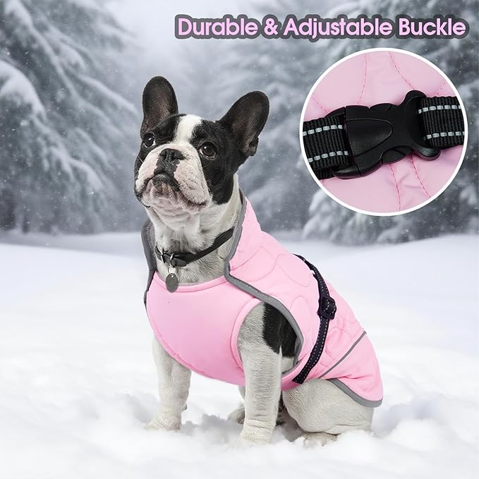 IDOMIK Dog Winter Jacket, Adjustable Waterproof Dog Warm Coat with Fleece Lining, Turtleneck Windproof Cold Weather Coats for Winter, Reflective Warm Snow Jacket for Schnauzer French Bulldog,Pink,M