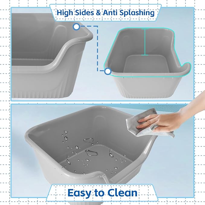 Large Cat Litter Box with High Sides,17.5"x15"x8.9" Open Top Cat Litter Pan Anti Splashing Non-Stick Litter Tray Low Entry Cat Litter Boxes Jumbo Kitty Litter Toilet Easy Clean for Cats(Gray)