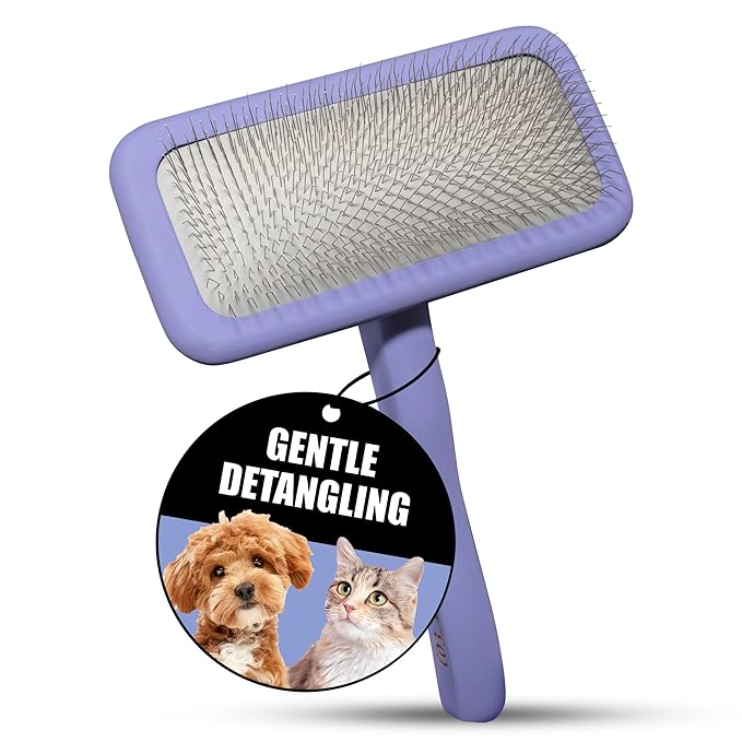 Tauro Pro Line Wooden Deshedding Dog Brush for Long Goldendoodle, Labradoodle & Poodle Hair - Purple Slicker Brush for Dog & Cat Grooming - Rectangular Flexible Cushion & Non-Slip Grip, L