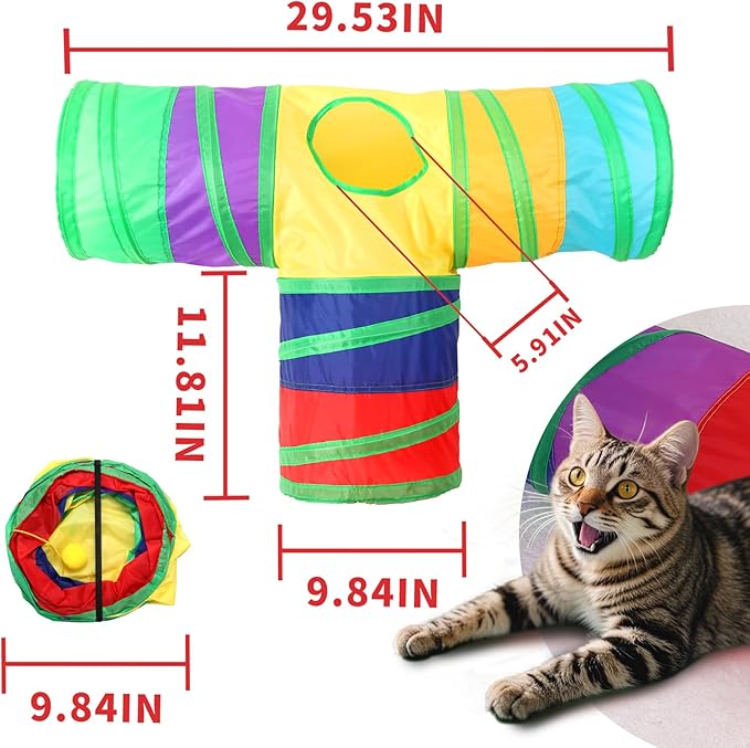 Pet Cat Tunnel, T-3 Way Tunnels for Indoor Cats, Collapsible Pet Tunnel for Kitten, Puppy, Rabbit, 25cm-Wide Tunnels, Durable & Breathable, with Peek Hole Toy Ball