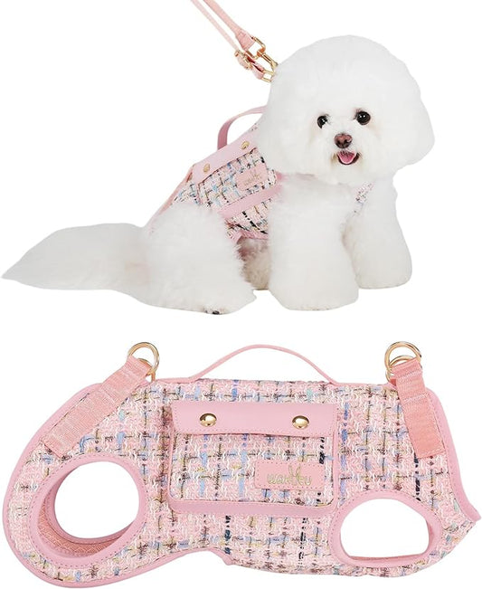 Dog Lift Harness Dog Carrier Dog VES Harness Adjustable Dog Leash with Small Puppy Treat Bag（Pink,L）