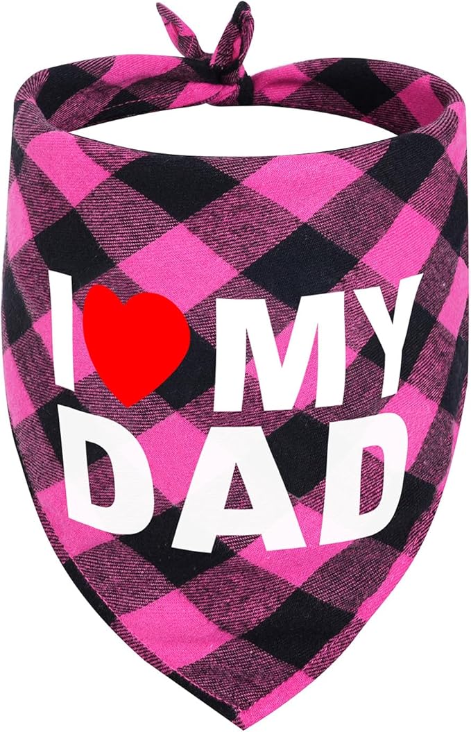 GreenJoy Cute Plaid Dog Bandana – Washable Pet Triangle Scarf for Small, Medium, Large Dogs and Cats, Adjustable Pet Accessory for Birthday, Wedding and Christmas (Pink (I Love My Dad), Large)