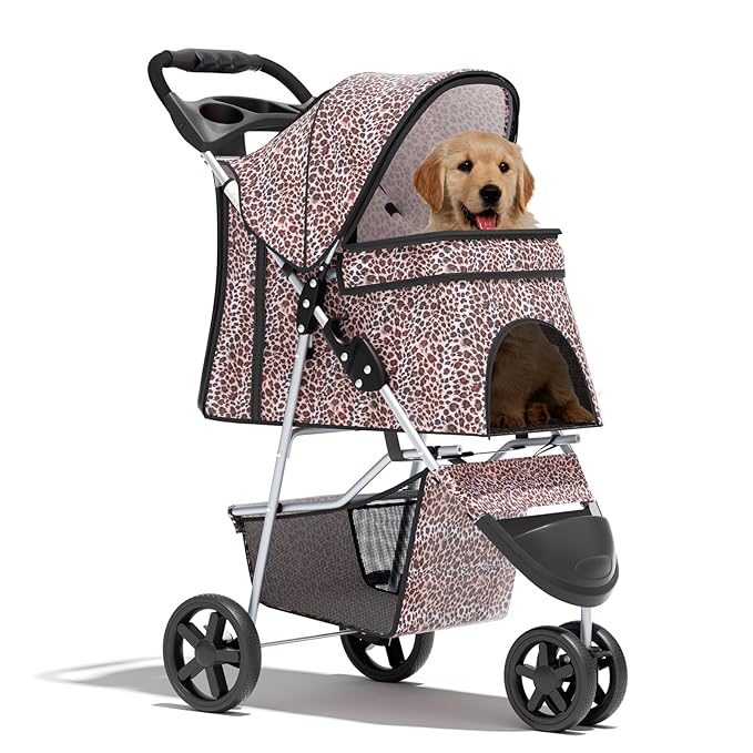 Cat Dog Stroller,3-Wheels Pet Stroller for Medium/Puppy Dogs 30 Lbs, with Storage Basket and Cup Holder, Breathable Mesh Leopard Print