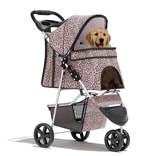 Cat Dog Stroller,3-Wheels Pet Stroller for Medium/Puppy Dogs 30 Lbs, with Storage Basket and Cup Holder, Breathable Mesh Leopard Print