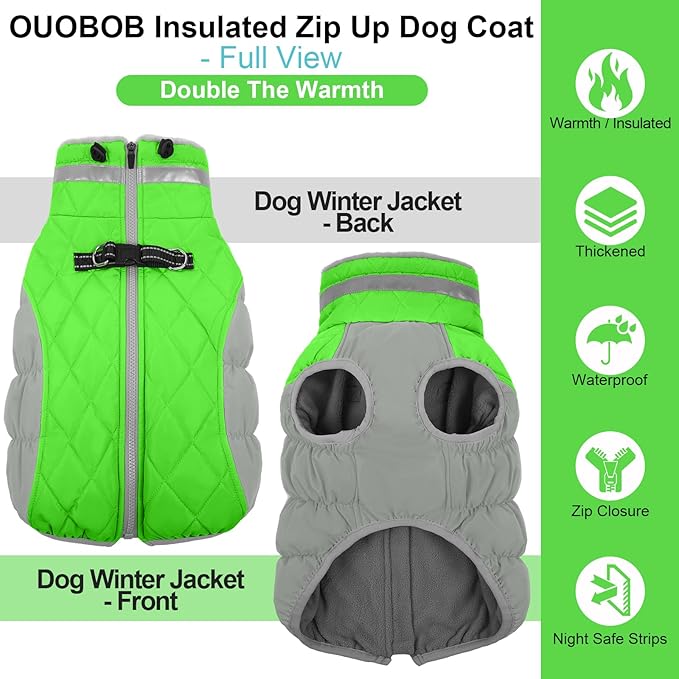 Warm Dog Jackets for Large Dogs, Waterproof Dog Coat with Harness Built in, Zipper Clousure, Fleece Lining for Cold Weather Outdoor Walks, Pet Snowsuit for Shiba Inu, French Bulldog - L