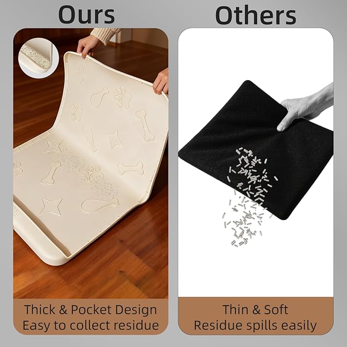 Silicone Cat Litter Mat with Collection Pocket, 42" x 28" Large Cat Litter Box Mat Waterproof Anti-Slip Litter Trapping Mat with Edge and Handle Pet Placemat for Floors (Beige)