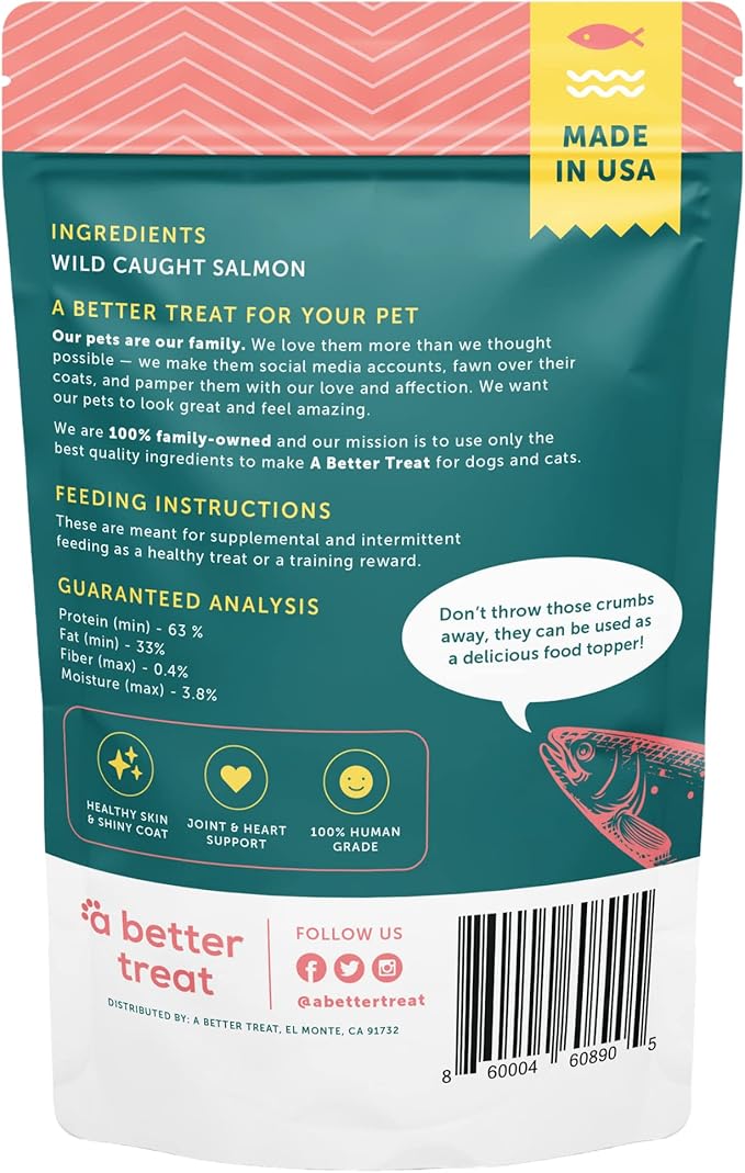 A Better Treat New Freeze Dried Salmon Dog Treats, Wild Caught, Single Ingredient | Natural High Value | Gluten Free, Grain Free, High Protein, Diabetic Friendly | Natural Fish Oil | Made in The USA