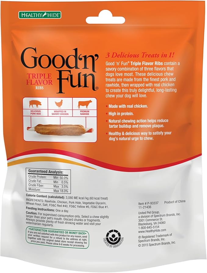 Good ‘n’ Fun Triple Flavor Ribs Chews for All Dogs, 8.4 Ounces, Treat Your Dog to Long-Lasting Chews Made with Beef Hide, Chicken and Pork Hide