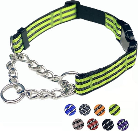 Martingale Dog Collars, Reflective Nylon Collar with Stainless Steel Chain, Adjustable Walking Training Dog Collars with Quick Release Buckle, Suitable for Small Medium Large Dogs(Green,M)