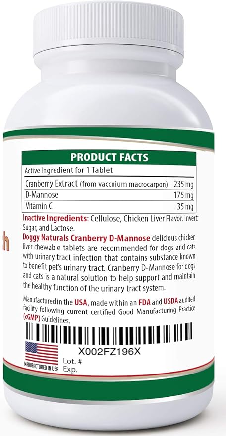 Cranberry D-Mannose for Dogs and Cats Urinary Tract Infection Support Prevents and Eliminates UTI, Bladder Infection Kidney Support, Antioxidant (Double Strength Tablet, 60 Count)