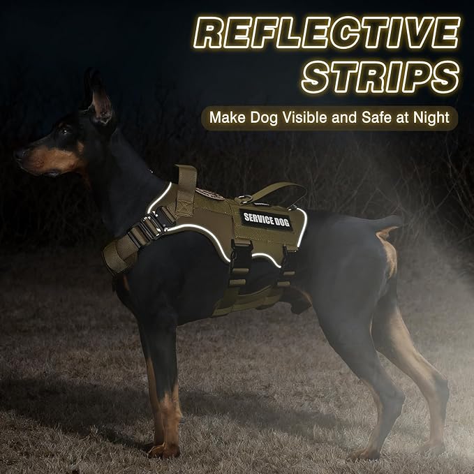 Tactical Service Dog Vest Harness and Leash Set,Heavy Duty Dog Harness with Metal Buckles for Large Dogs,Adjustable No Pull Pet Vest with 10 Patches,for Training Working Hiking,Brown XL