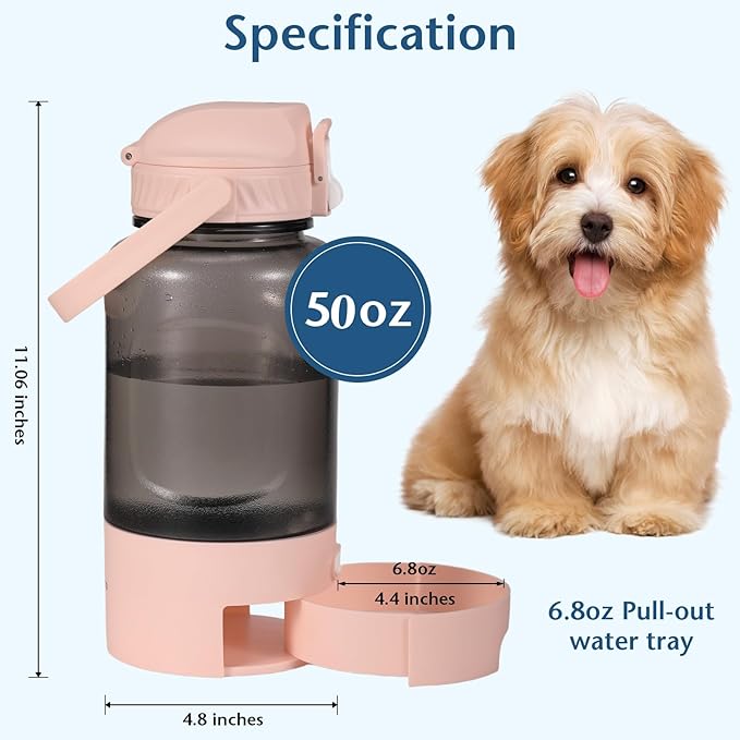 50oz Dog Water Bottle with Handle - Portable Pet & Human Water Dispenser for Hiking, Camping, Travel - Leakproof, BPA-Free, Outdoor Puppy Essential for Walking, Park, Beach (Pink)