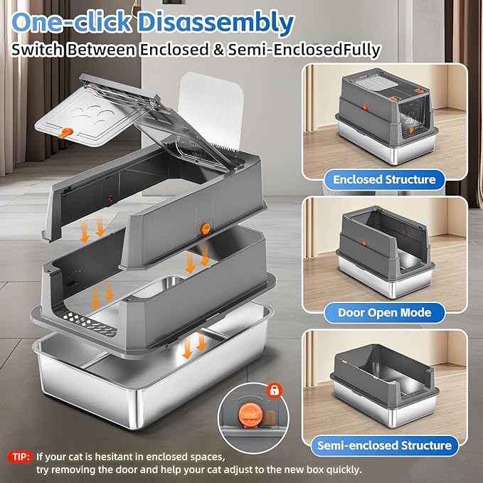 Stainless Steel Litter Box with Lid, 155° Flip Top XL Covered Enclosed Metal Cat Litter Box with Mat & Scoop, High Sided Enclosure,Anti-Leakage,Odor Free,Front & Top Dual Entry