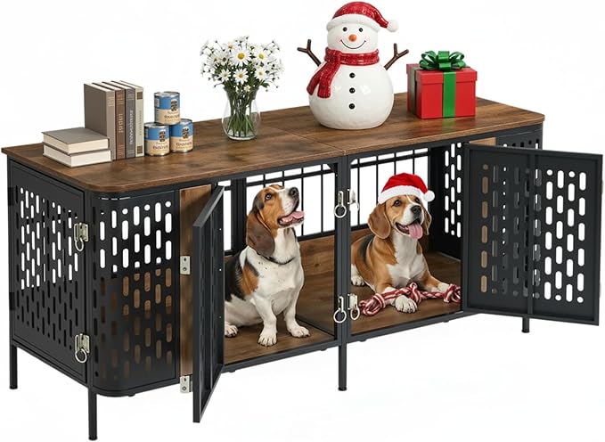 ONBRILL 63" Double Dog Crate Furniture for 2 Dogs, Heavy Duty Dog Crates with Divider for High Anxiety Dog, Escape Proof Pet Cage, Dog Kennel Furniture Indoor as TV Stand for Medium Large Dogs,Brown
