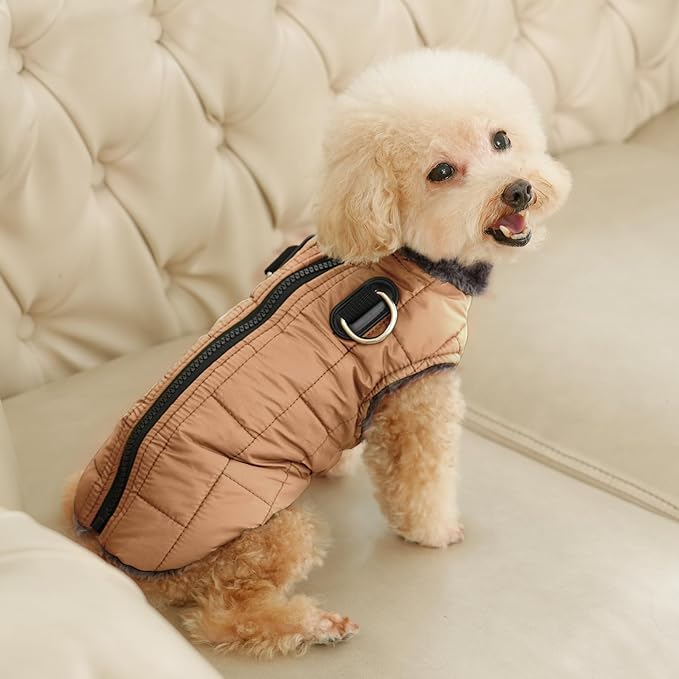 Warm Fleece Dog Coats with Durable Harness Buitl in D-Ring,Waterproof Puppy Jacket for Small Dogs,Dog Vest for Cold Winter,Burnished Khaki M