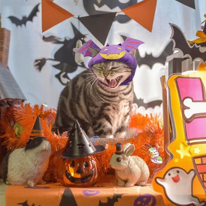 ABTOLS Halloween Dog Cat Bat Shape Hat, Adjustable Soft Small Pet Purple Bat Cap Headwear for Puppy Dogs Kittens Halloween Festival Cosplay Costume Accessory Headgear