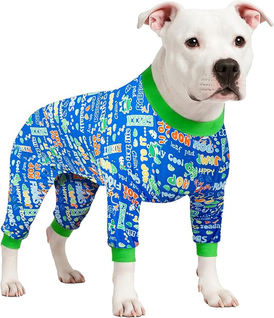 LovinPet Dog Pajamas Bodysuit for Giant Dogs -Dog Onesie with UV Protection & Anxiety Calming Shirt,Pitbull Dog Clothes, Pet Pajamas for Dogs, Cotton Jumping Frogs Print, Medium