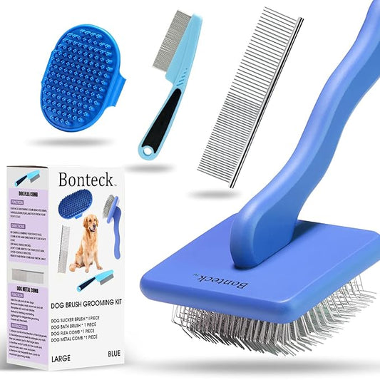 Dog Slicker Brush for Dogs Grooming Kit 4PCS | Large Dog Brush for Goldendoodles Poodles Doodles | Long Pin Haired Brush | Poodle Brushes and Comb (Blue)