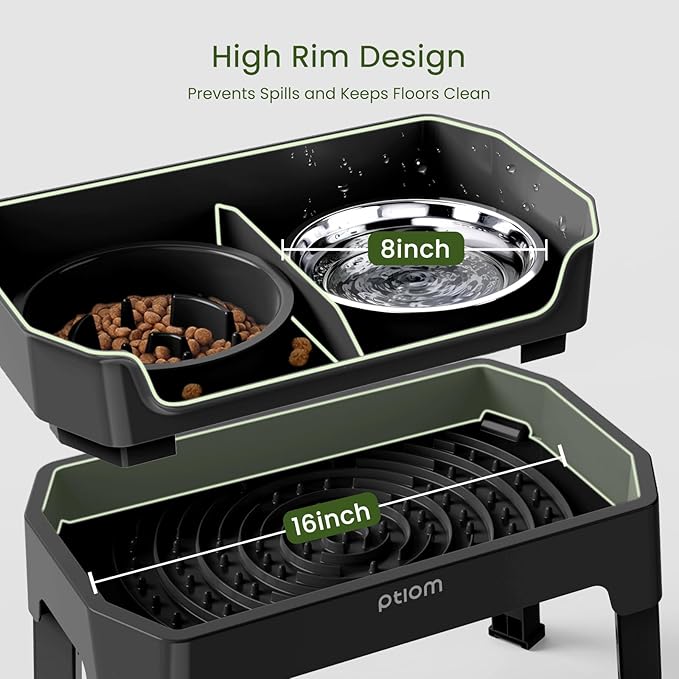 KPWACD 4-in-1 Elevated Slow Feeder Dog Bowls, 4 Height Adjustable Mess Proof Raised Dog Bowl Stand with Licking Plate, 2 Stainless Steel Doggy Food Bowl & Slow Feeder for Large Medium Small Pets