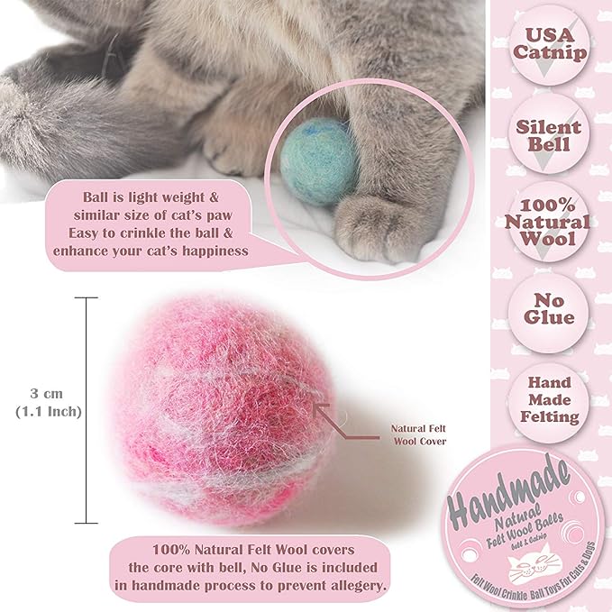Felt Wool Cat Toys Ball with Catnip and Bell, Natural Handmade (Baby Pink (5 Units))