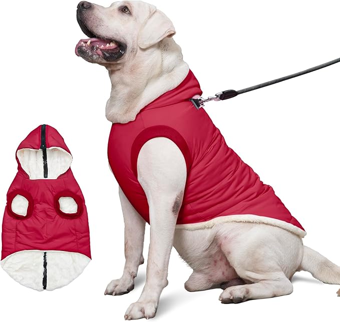 Fleece Lining Dog Hoodie with Harness Built in,Extra Warm Large Dog Jacket in Winter Doggie Coats with Hooded,Red XXXL