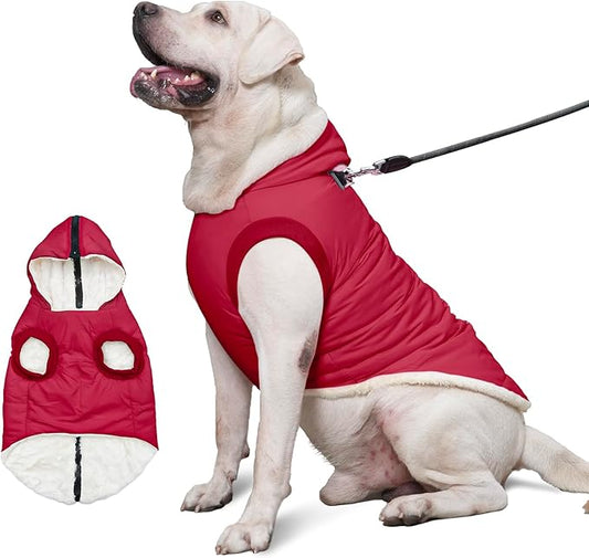 Fleece Lining Dog Hoodie with Harness Built in,Extra Warm Large Dog Jacket in Winter Doggie Coats with Hooded,Red XXXL