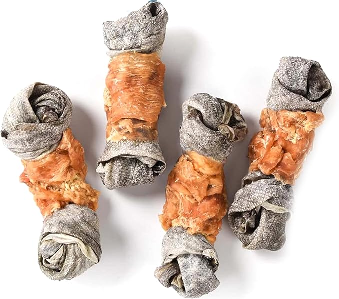 Dog Treats Chicken Wrapped Cod Skin Knotted Bones-6.5", All-Natural Healthy Fish Skin Dog Chew Treats, Rich in Omega-3 Protein, 4 Counts, 10.6oz