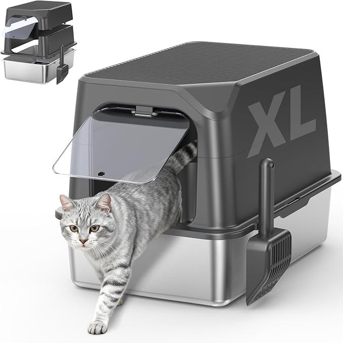 Enclosed Stainless Steel Cat Litter Box with Lid, XL Extra Large Litter Box for Big Cats, Metal Litter Pan High Sided, Never Absorbs Odors, Anti-Urine Leakage, Include Scoop (Dark Grey)
