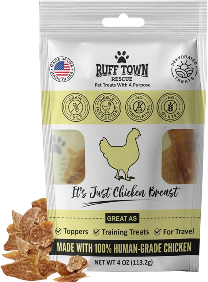 Ruff Town Dog Treats – Human Grade Chicken Breast | Training Treats for Dogs | High Protein, Single Ingredient | Grain-Free, Hypoallergenic & Dehydrated | Suits All Breeds, Made in USA (4 oz)