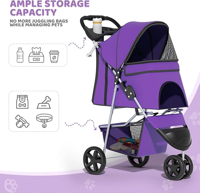 Magshion 3-Wheel Pet Stroller, Foldable Travel Jogger for Small & Medium Dogs & Cats (Up to 33lbs), Lightweight Carrier with Breathable Mesh Cover, Cup Holder & Storage Basket, Purple
