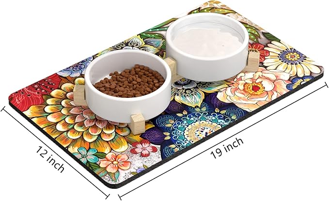 Rnivvi Dog Food Mat, 12" x 19" Flower Absorbent Dog Cat Bowl Mat for Food and Water, 3MM Anti-Slip Rubber Pet Feeding Rug Protect Floors, Puppy Placemat for Feeding & Watering Supplies, Mandala Floral