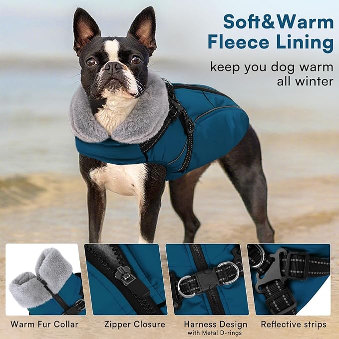 Queenmore Dog Jackets for Large Dogs, Dog Coat with Harness Built in,Waterproof Dogs Coats with Zipper On Back,Warm Fleece Lining Cold Weather Pet Coats with Furry Collar for Labrador,Blue,XL