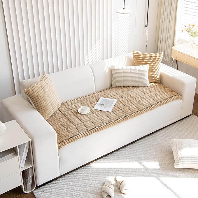 Faux Fur Plush Dog Couch Cover 3D Stripe Fuzzy Sofa Cover Non-Slip Fluffy Dog Bed Cover Pet Blanket Sofa Couch Furniture Protector for Puppy Large Dog Cat (Coffee,31"x82")