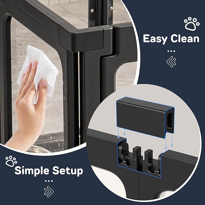 Jalove Acrylic Dog Playpen Indoor, 8 PCS Plastic Puppy Playpen with Door, Clear PlayPen for Dog Cat Rabbit Ferret, Easy Assemble Pen, Preferable Small Cage, Black, 33.5" L x 33.5" W x 24" H