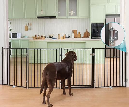 No Pawblems Free Standing Dog Gate with Door, 30'' Tall Foldable Dog Fence for Indoor & Outdoor, Up to 104 Inch Extra Wide Puppy Gate for Stairs, Hallways, Doorways, Deck, Yard (Black, 4 Panels)