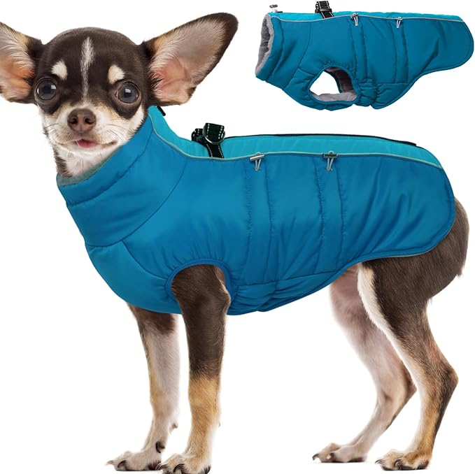 Small Dog Coat - Warm Zip Up Snowsuit Dog Harness Vest, Reflective, Water-Resistant, Green