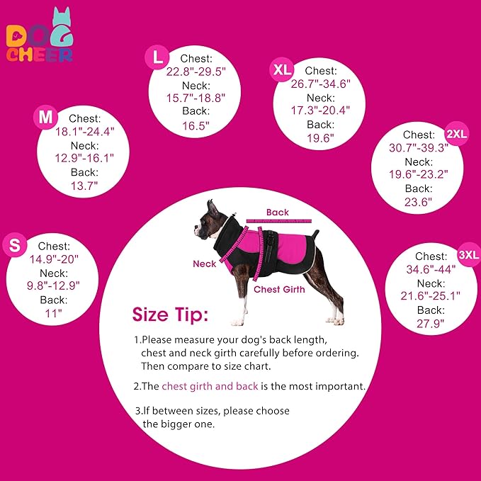Dogcheer Waterproof Dog Coat, Christmas Dog Winter Jacket, Adjustable Puppy Fleece Coat for Cold Weather, Reflective Turtleneck Snow Jacket for Small Medium Large Dogs - Pink, S