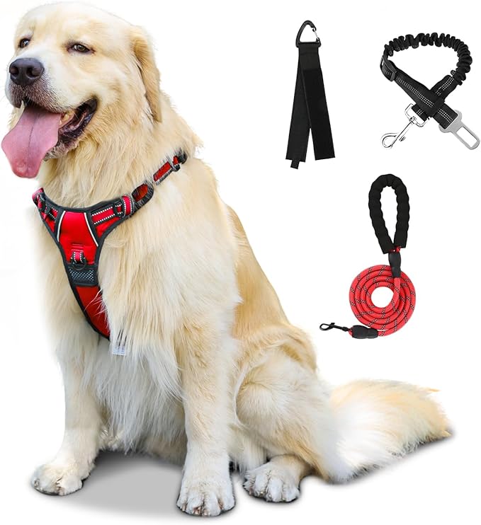 FURRYFECTION Dog Harness | No Pull Dog Harness | Reflective Oxford | Padded Handle | 4 Adjustable Straps | 2 Leash Clips | No Choke Pet Vest Harness for Small Medium Large Dogs | Red | M