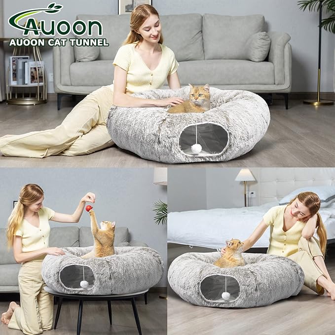 AUOON Cat Tunnel Bed - Cat Donut Tunnel with Soft Plush Circle Cushion for Indoor Cats Kitten Kitty Puppy Rabbit Ferret (Khaki)