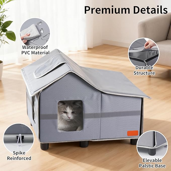 Outdoor Cat House Weatherproof, Outside Cat House for Outdoor Feral Cats, Insulated Cat Shelter with Cozy Mat and Elevated Bases