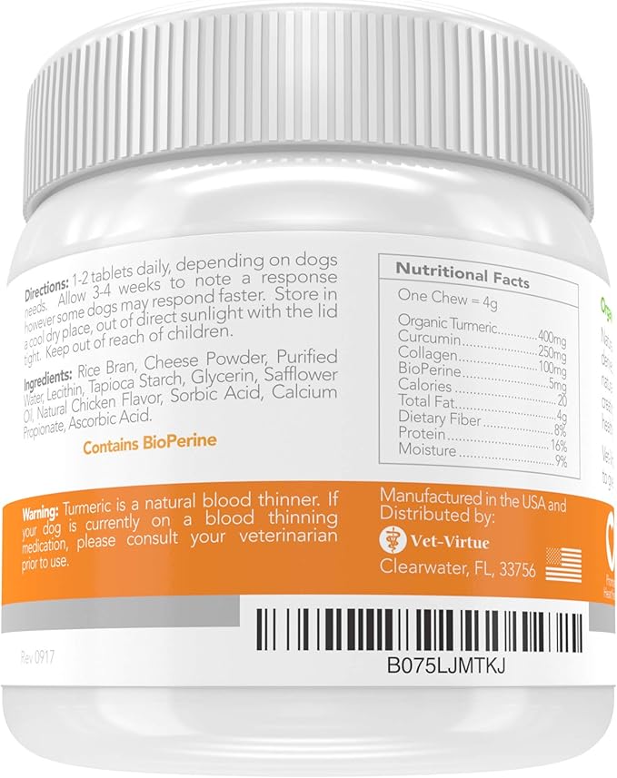 Turmeric for Dogs Anti Inflammatory Pain Relief | Organic Curcumin Dog Supplement with Collagen & Bioprene, Anti Inflammatory for Dogs, Supports HIPS, Joints & Mobility | 60 Count