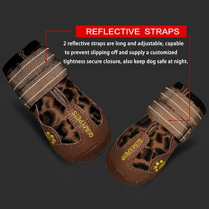 QUMY Dog Shoes for Large Dogs, Medium Dog Boots & Paw Protectors for Winter Snow Day, Summer Hot Pavement, Waterproof in Rain Weather, Outdoor Walking, Indoor Hardfloors Anti Slip Sole Leopard Size 2