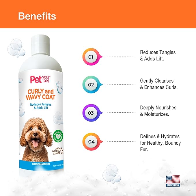 Natural Dog Shampoo for Curly & Wavy Coats – Hydrating & Tangle-Reducing Wash with Argan, Coconut & Jojoba Oils – Deodorizing for Poodles, Goldendoodles & Cocker Spaniels – 16 oz