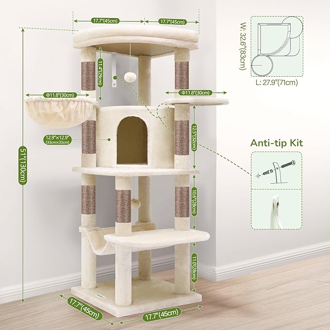 Globlazer Corner Cat Tree, 51in Curved Series Modern Cat Tower for Indoor Cats with Hammock, 7 Sisal Scratching Posts, Large Fan-Shaped Platform for Large Cats, Cat Condo & Hanging Basket, C51, Beige