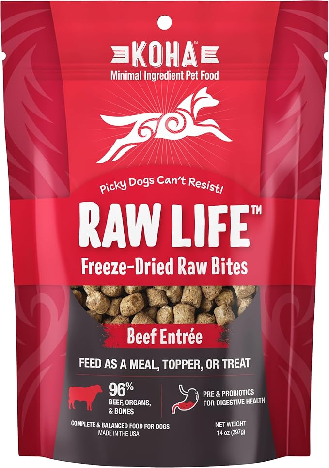 KOHA Raw Life Freeze-Dried Raw Bites Beef for Dogs, High Protein Meal, Topper, and Treat for Picky Eaters, 14oz Bag