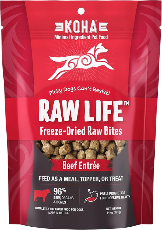 KOHA Raw Life Freeze-Dried Raw Bites Beef for Dogs, High Protein Meal, Topper, and Treat for Picky Eaters, 14oz Bag