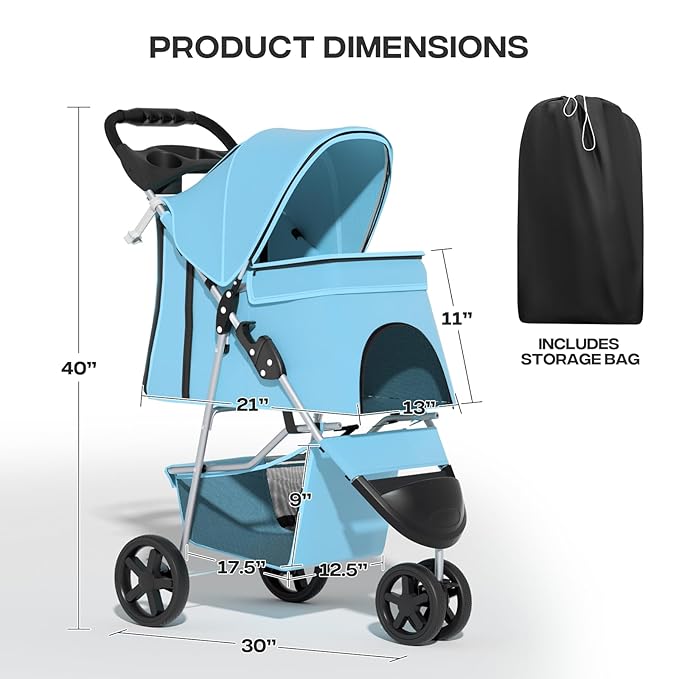 Cat Dog Stroller,3-Wheels Pet Stroller for Medium/Puppy Dogs 30 Lbs, with Storage Basket and Cup Holder, Breathable Mesh Mint