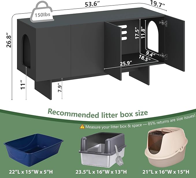 Double Litter Box Enclosure, Litter Box Enclosure for 2 Litter Boxes, Modern Litter Box Furniture for 2 Cats, Scandi Style (Black)