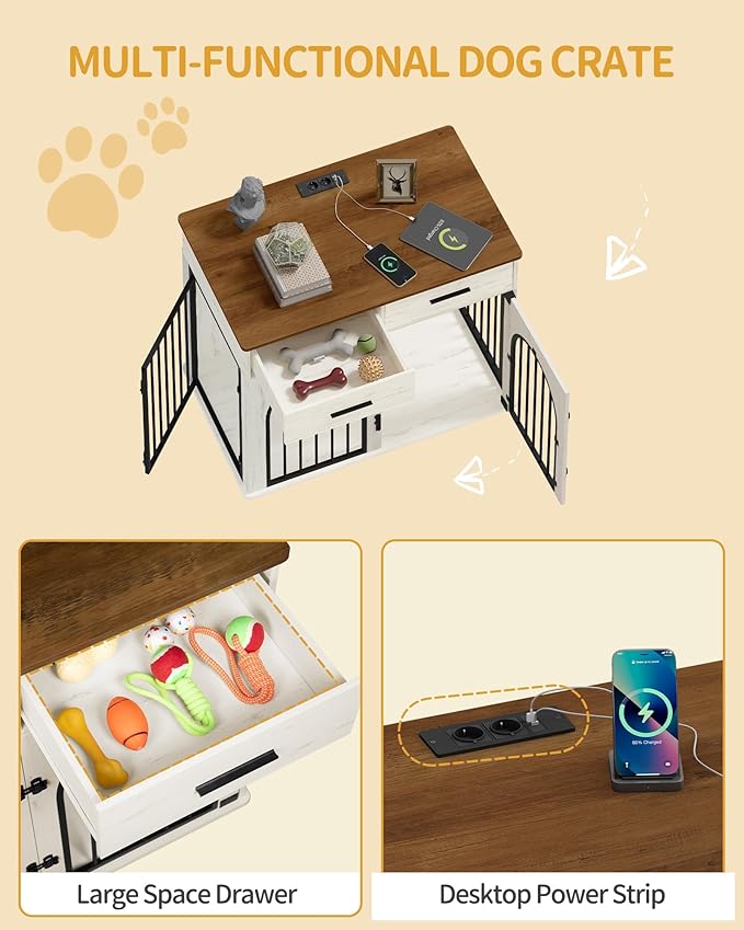 39.4'' Large Dog Crate Furniture with 2 Storage Drawers, Heavy Duty Dog Kennel Indoor with Charging Station, Wooden Dog Cage End Table Kennel for Medium/Large Dogs, White Brown DFC84214B