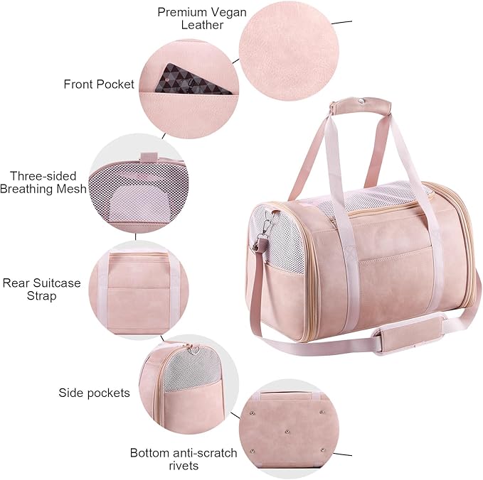 Fashion Leather Dog Carrier Cat Carrier Airline Approved Pet Carrier for Small Medium Dogs Cats Under 15Lbs, Collapsible Soft Sided Travel Puppy Carrier Pink